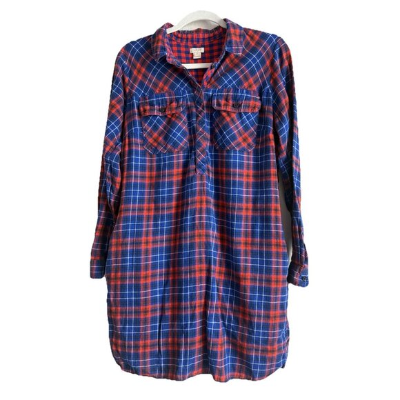 J.Crew Womens Shirt Dress Tartan Plaid Flannel Oversized Blue Red Popover Size M - Picture 1 of 10